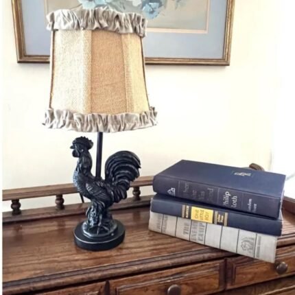 VINTAGE ROOSTER TABLE LAMP WITH CREAM BURLAP RUFFLED SHADE