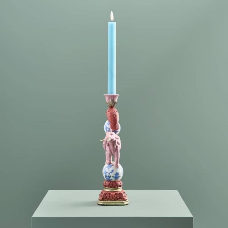 CANDLE HOLDER PARROT ON ELEPHANT PINK-BLUE-WHITE