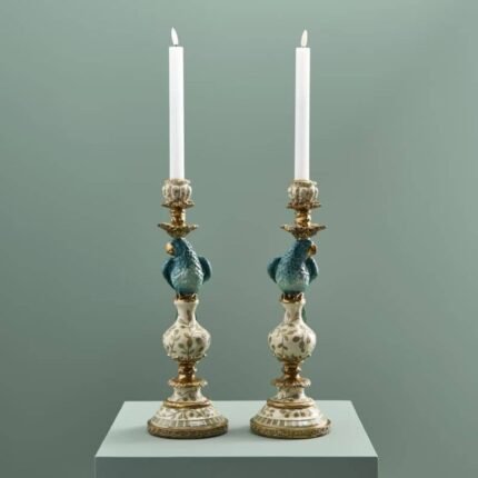 SET OF 2 PARROT CANDLE HOLDERS TURQUOISE-WHITE