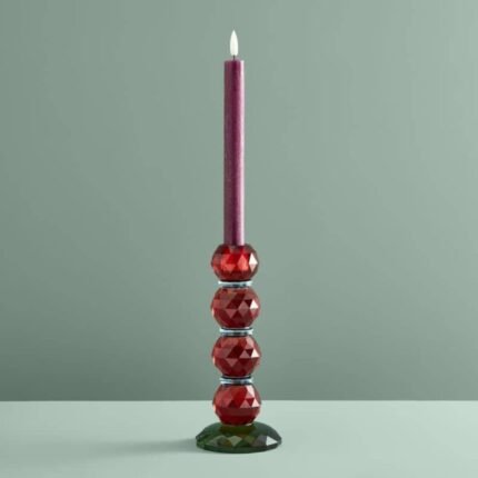 CANDLE HOLDER FANCY CRYSTAL RED ROUND GLASS
