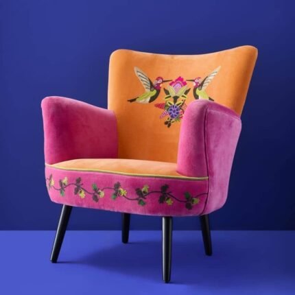 Velvet Armchair with Bird Design Kolibri Orange-Pink Hand Embroidered