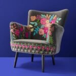 Velvet Armchair with Floral Design Lotte Gray Hand-Embroidered