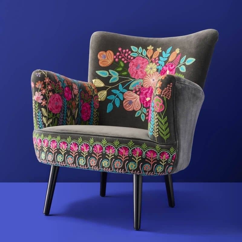 Velvet Armchair with Floral Design Lotte Gray Hand-Embroidered