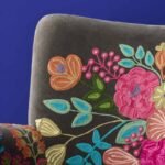 Velvet Armchair with Floral Design Lotte Gray Hand-Embroidered
