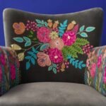 Velvet Armchair with Floral Design Lotte Gray Hand-Embroidered