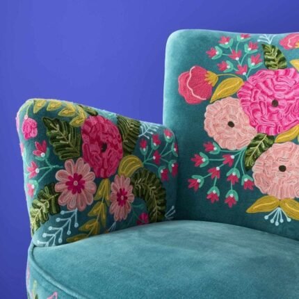 Velvet Armchair with Floral Design Frida Turquoise Hand Embroidered