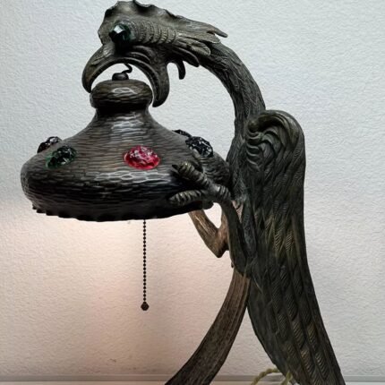 ANTIQUE ART NOUVEAU JEWELLED CHUNK GLASS AUSTRIAN BRONZE GRIFFON DRAGON LAMP