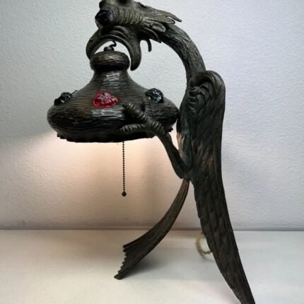 ANTIQUE ART NOUVEAU JEWELLED CHUNK GLASS AUSTRIAN BRONZE GRIFFON DRAGON LAMP