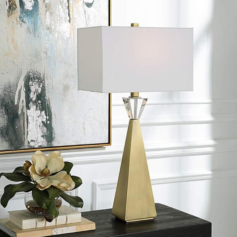 PLATED ANTIQUE BRASS AND CRYSTAL TABLE LAMP