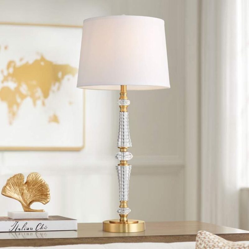 HIGH BRASS AND CRYSTAL TABLE LAMP