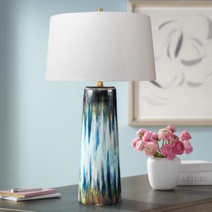 AQUA BLUE ABSTRACT GLAZE CERAMIC TABLE LAMP