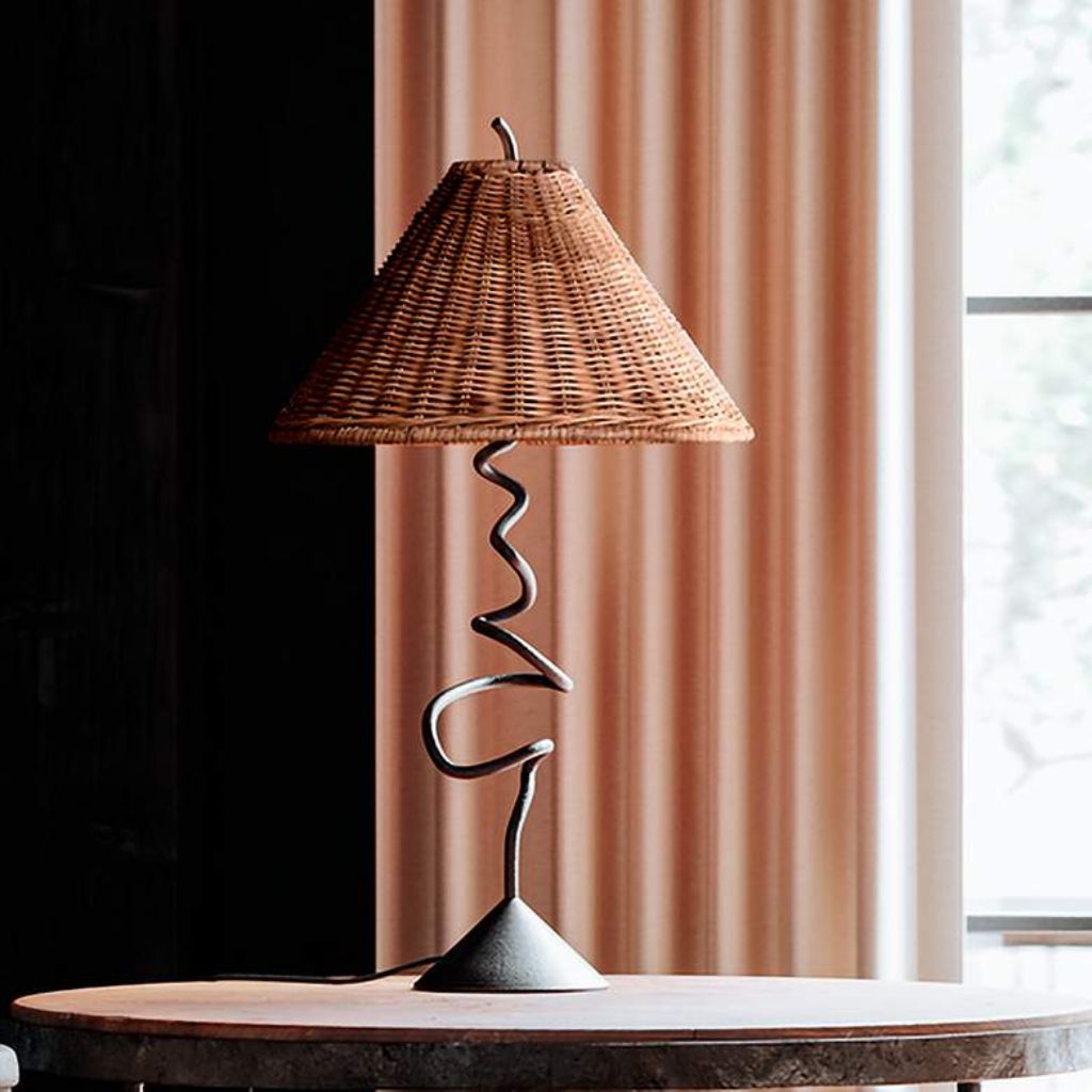 1 ALARIC FORGED IRON RATTAN SHADE TABLE LAMP