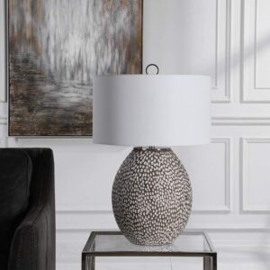 GRAY AND CRACKLED WHITE CERAMIC TABLE LAMP