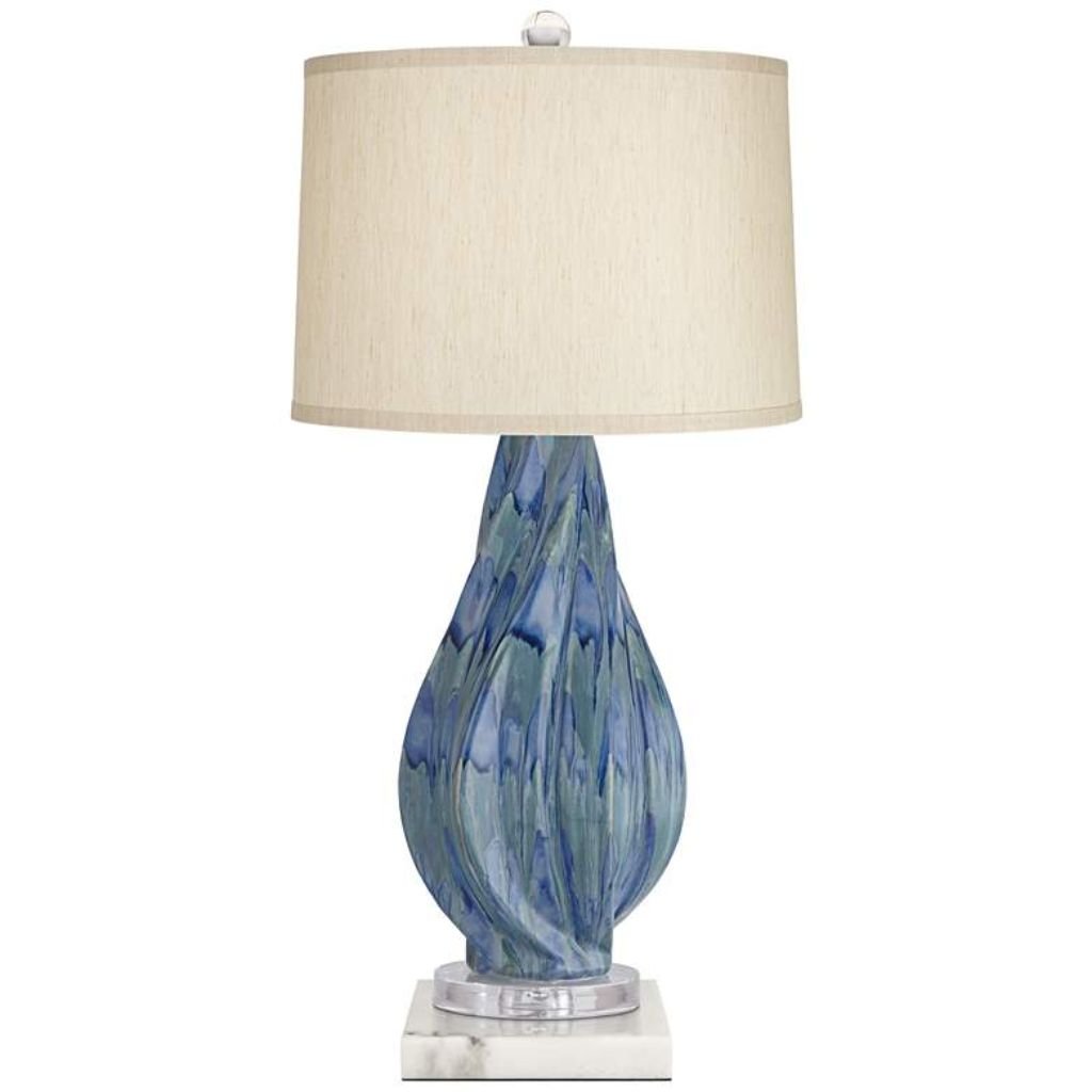 1 TEAL CERAMIC LAMP WITH WHITE MARBLE RISER