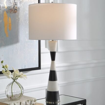 BANDED BLACK WHITE STONE TABLE LAMP