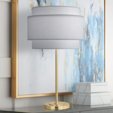 BRASS METAL BUFFET TABLE LAMP WITH PEARL GRAY SHADE