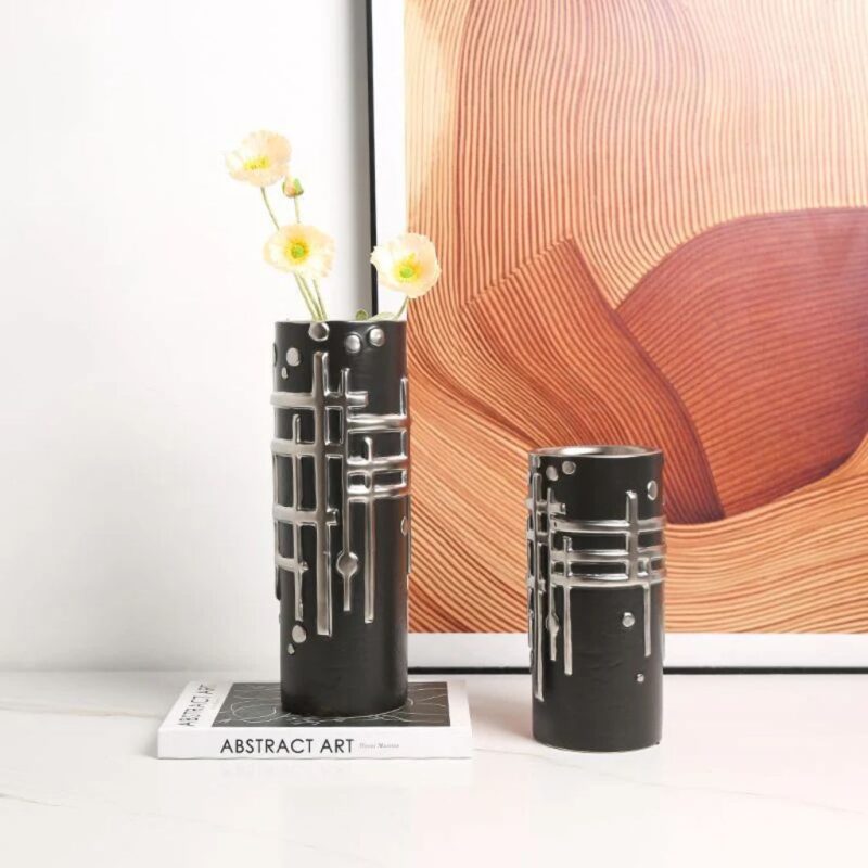 MODERN GRID RELIEF VASE BLACK