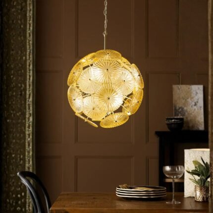 GOLD AMBER RIBBED GLASS DISC CEILING LIGHT