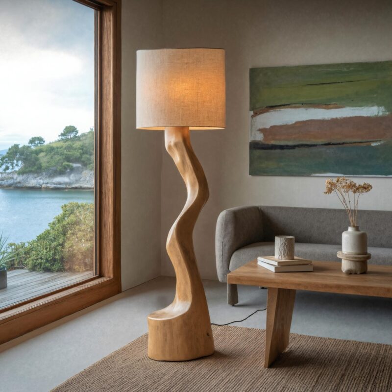 RUSTIC SCULPTURAL FLOOR LAMP WITH CURVED BASE
