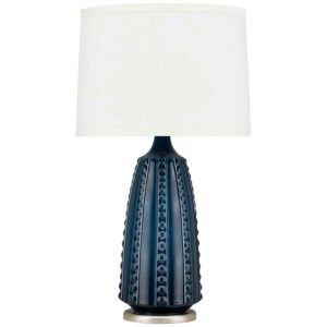 Collection of ceramic table lamps including green, terracotta, and blue glaze styles on display shelving