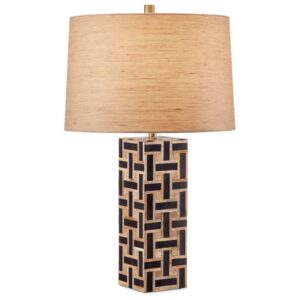 Wolf sculpture — matte black table lamp beside an abstract dark iron wolf sculpture on a nature-forward contemporary console