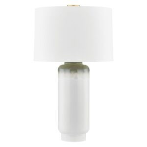 Correctly sized ceramic table lamp on a nightstand with shade bottom at seated eye level