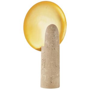 Crystal table lamp close-up on dining room console — prismatic glass base with cream empire shade beside gold mirror