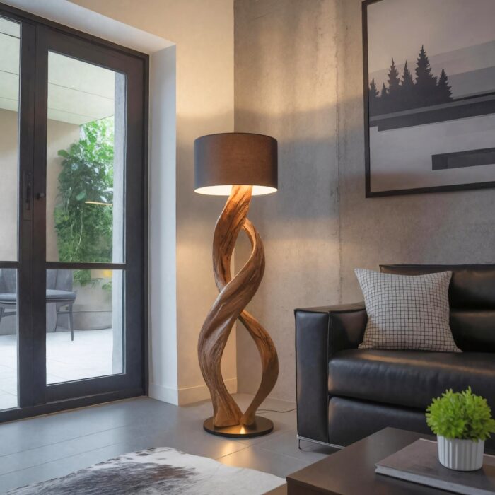 Garden sculptures — ombre ceramic lamp on an outdoor covered patio table beside a stone garden sculpture composition