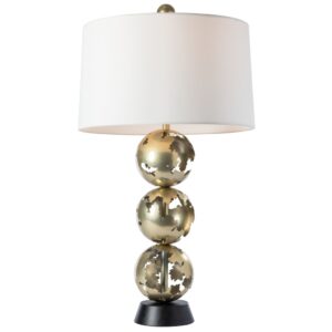 Tall buffet table lamp on a dining room sideboard — slim column with white shade flanking a mirror