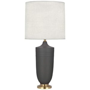 Designer living room lamp layout — floor lamp in corner, end table lamps by sofa, console lamp against wall