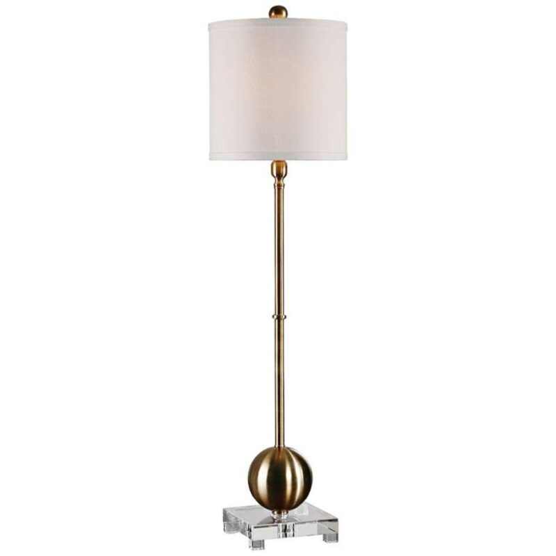 Oversized table lamps in a high-ceiling living room — 36-inch brass column lamps flanking a large sectional sofa