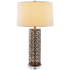 Concrete table lamp and glass base lamp side by side on a minimal console — clean contemporary styling