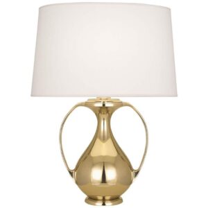 Hallway console table lamp styling — slim column lamp with white shade beside a round mirror and natural objects