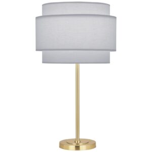 Large table lamp on a wide console — buffet table lamp in aged brass beside a tall mirror in a formal living room