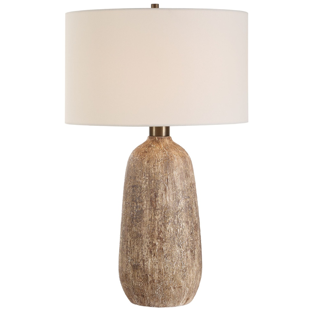 Floor and table lamp sets — matched brass arc floor lamp and ceramic table lamps in a transitional living room