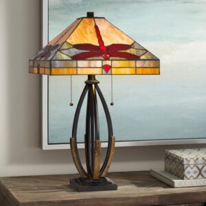 Living room lamp set in aged brass — floor lamp behind sofa and paired end table lamps in same finish