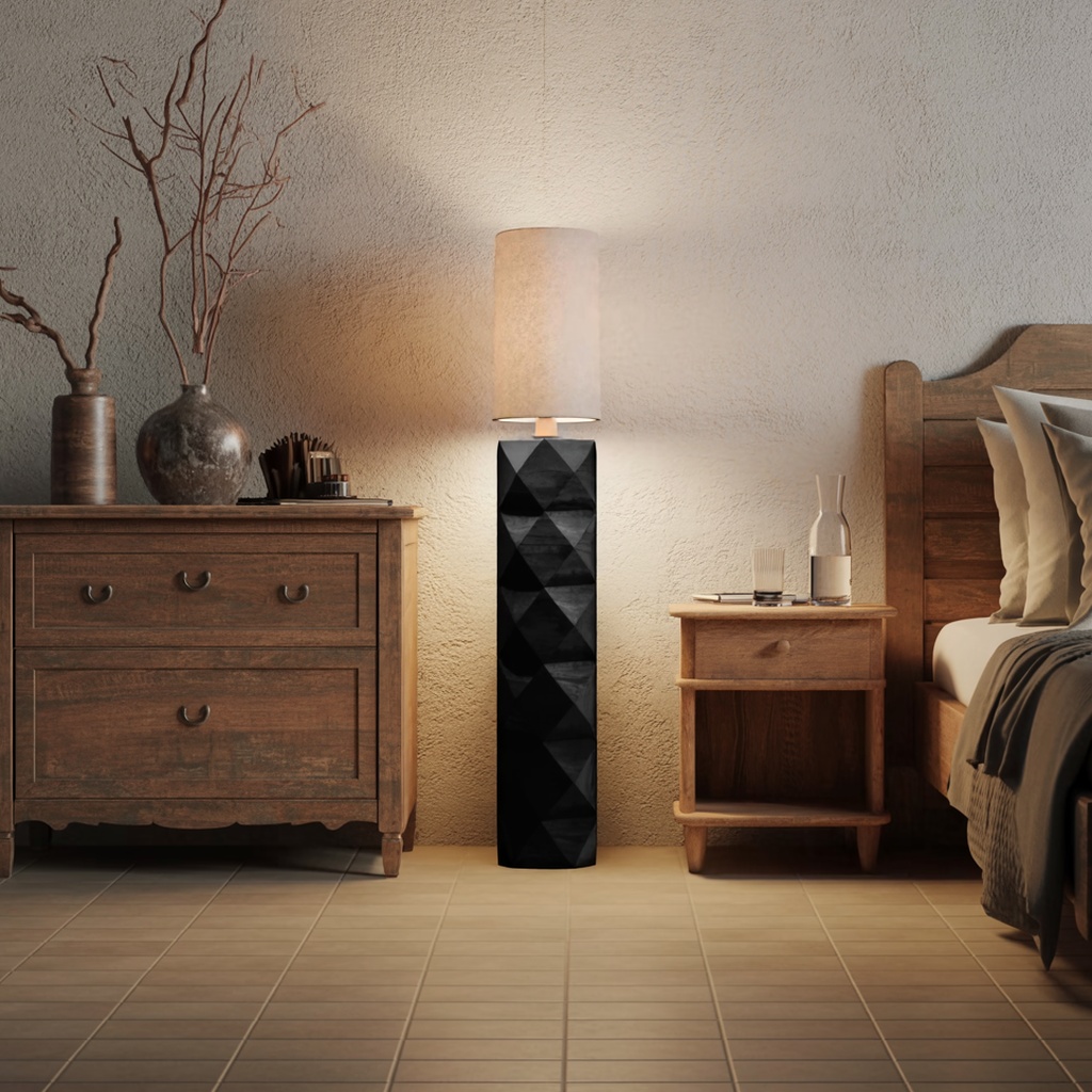 Sculptural floor lamp — granite-textured lamp on side table in living room where the floor lamp position is behind the sofa corner