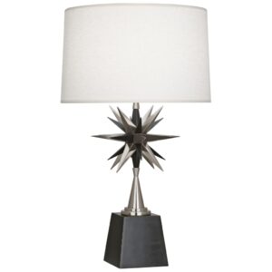 Buffet table lamp height guide — tall column lamp at two-thirds mirror height on a dining room sideboard