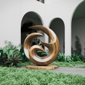 How to create a sculpture garden at home — bronze lamp beside a cast stone garden sculpture showing patience and restraint in a naturalistic garden composition