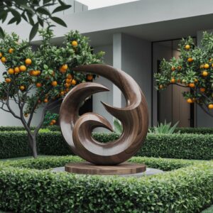 How to create a sculpture garden at home — adobe brown lamp on a covered garden terrace table beside a cast stone sculpture with naturalistic planting