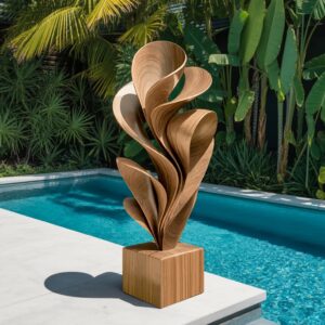 Plant and sculpture composition — natural beige lamp on a garden room table overlooking a botanical sculpture display with plants framing a central cast stone figure