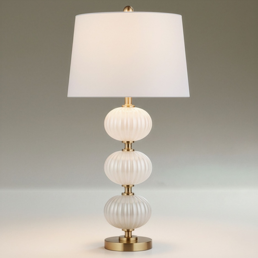 Glass base table lamp in cobalt blue on a warm walnut nightstand — jewel-toned statement piece for a bedroom