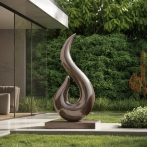 Abstract sculpture style home decor — matte black lamp on a minimalist console with negative space and an abstract ceramic form