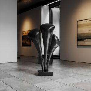 Contemporary sculpture lighting — slim modern accent lamp providing warm directional light across a dark metal contemporary sculpture