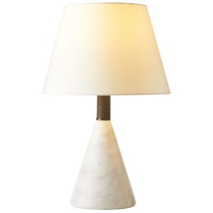 Brass table lamp on a tall nightstand beside a platform bed — correct height proportions shown