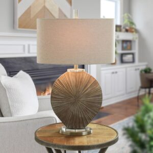 Modern black table lamp — matte ceramic column with white shade on a dark wood contemporary nightstand