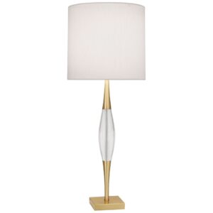 Cobalt and brass glass base table lamp on a dark console in a maximalist living room with jewel-toned accessories