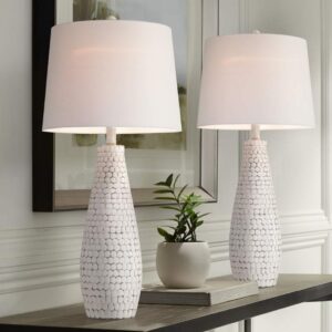 Table lamp with USB port and dimmer switch on a home office desk with laptop and notebook