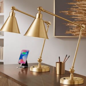 Table lamp with USB port on a guest room nightstand — charging convenience for visitors