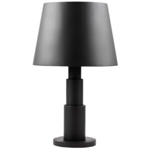 Modern black table lamp and gold table lamp paired on matching nightstands in a contemporary bedroom